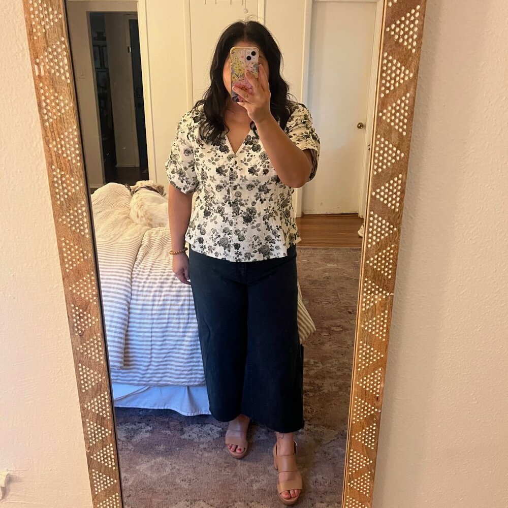 Tuckernuck Black and White Faded Roses Lisle Blouse